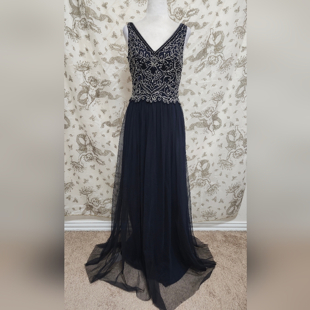 Adrianna Papell Navy Blue Gown Sequin Bust Tulle Skirt Sz 6